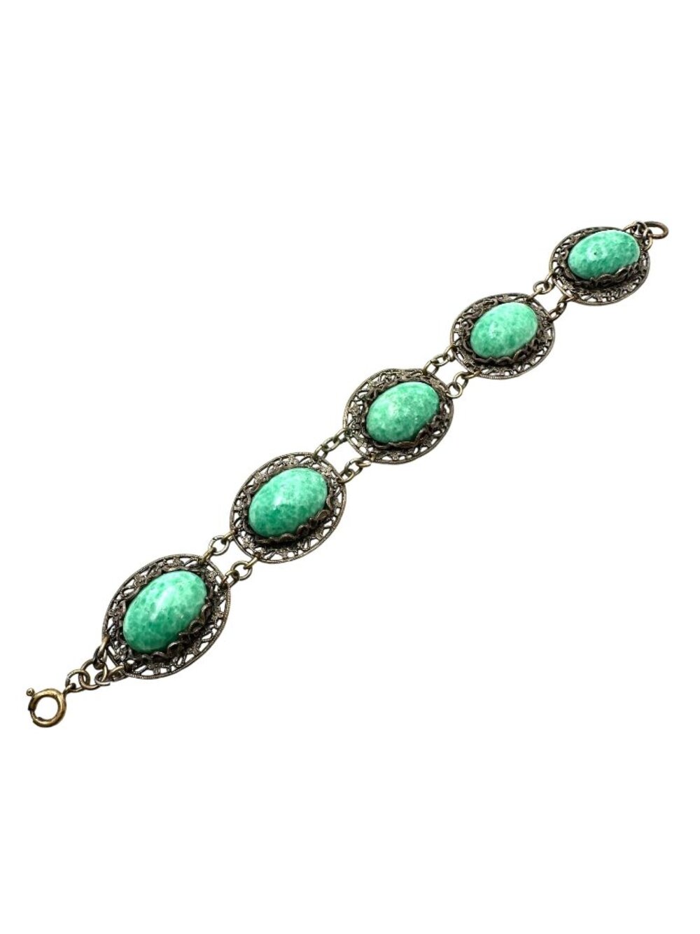 Vintage Czech Green Peking Glass Antiqued Gold Tone Bracelet 7 Inch